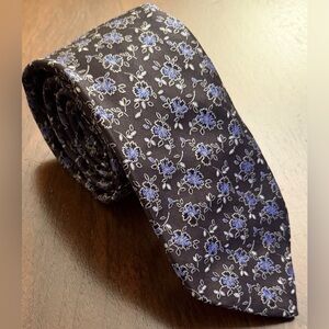 Saks Fifth Avenue Black Tie with Blue Floral Pattern